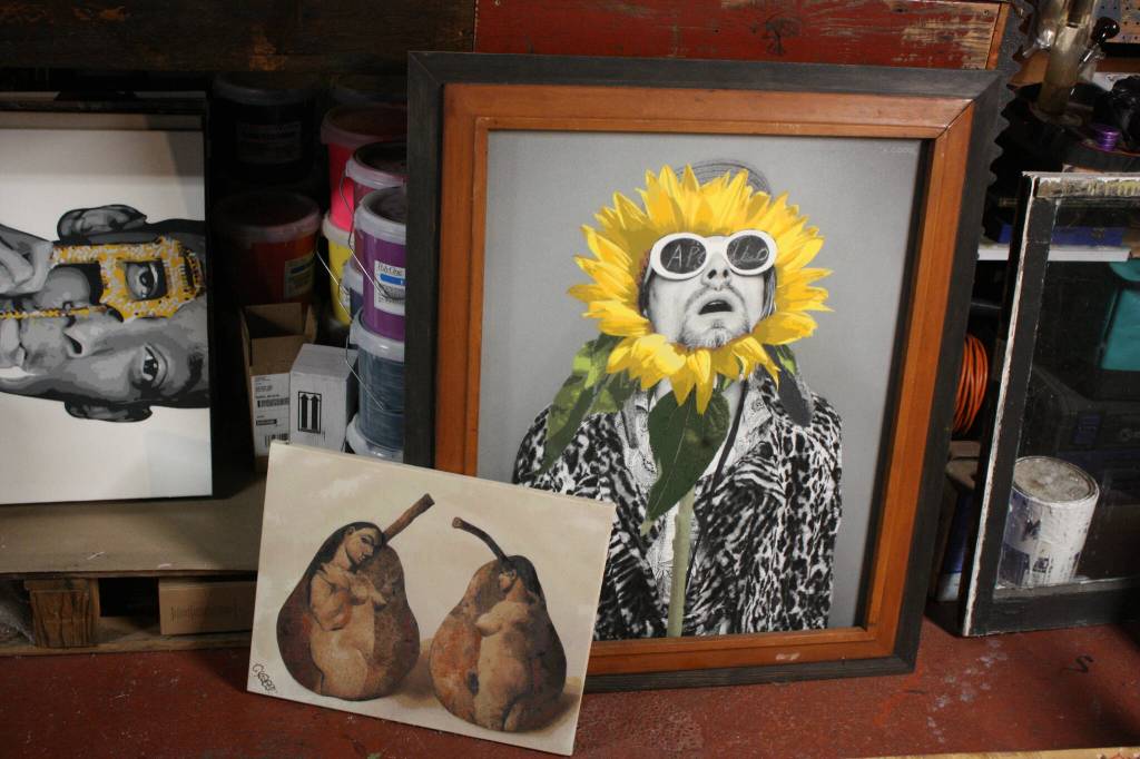 An original piece by Codd as well as a portrait of Kurt Cobain (photo by Cameron Sheppard)