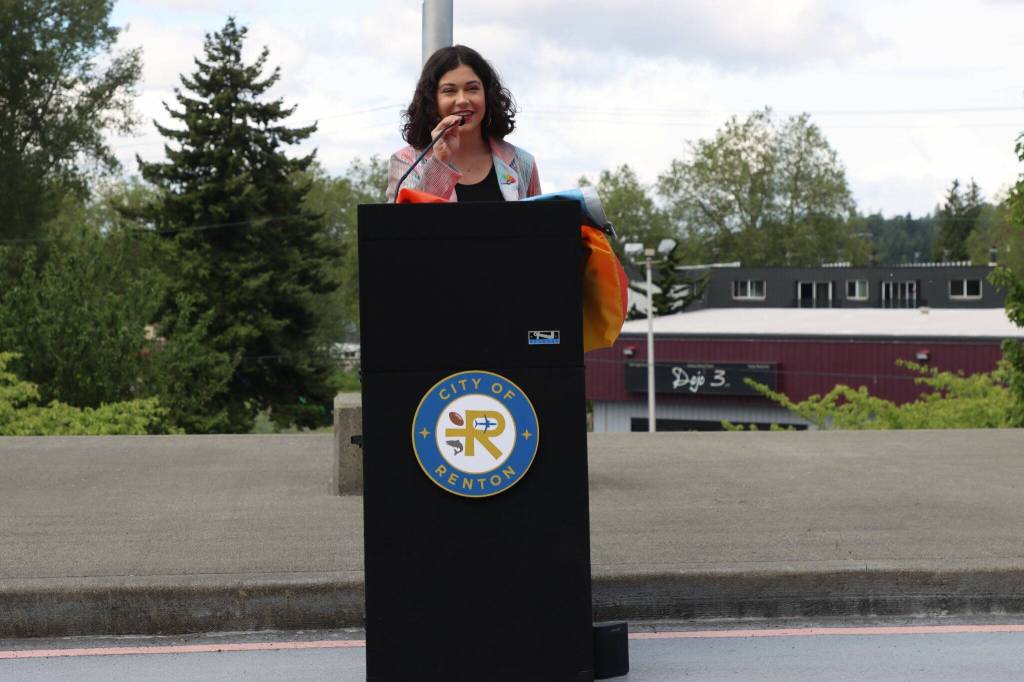 Renton City Councilmember Carmen Rivera, the citys first openly queer council member, gives a speech for LGBTQIA+ Pride Month. Photo courtesy of the City of Renton.
