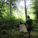Jay Mirro and one of the family dogs walk across a handmade bridge thats equipped with a trail cam. Photo by Bailey Jo Josie/Sound Publishing.