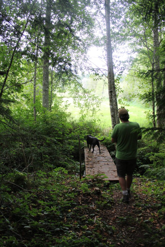 Jay Mirro and one of the family dogs walk across a handmade bridge thats equipped with a trail cam. Photo by Bailey Jo Josie/Sound Publishing.