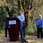 U.S. Transportation Secretary Pete Buttigieg makes statements regarding federal grant money available for fish culvert restoration. (Photo by Cameron Sheppard/Sound Publishing)