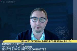 Renton Mayor Armondo Pavone testifies remotely at Feb. 6 Senate Law & Justice Committee hearing. (Screenshot from TVW stream)