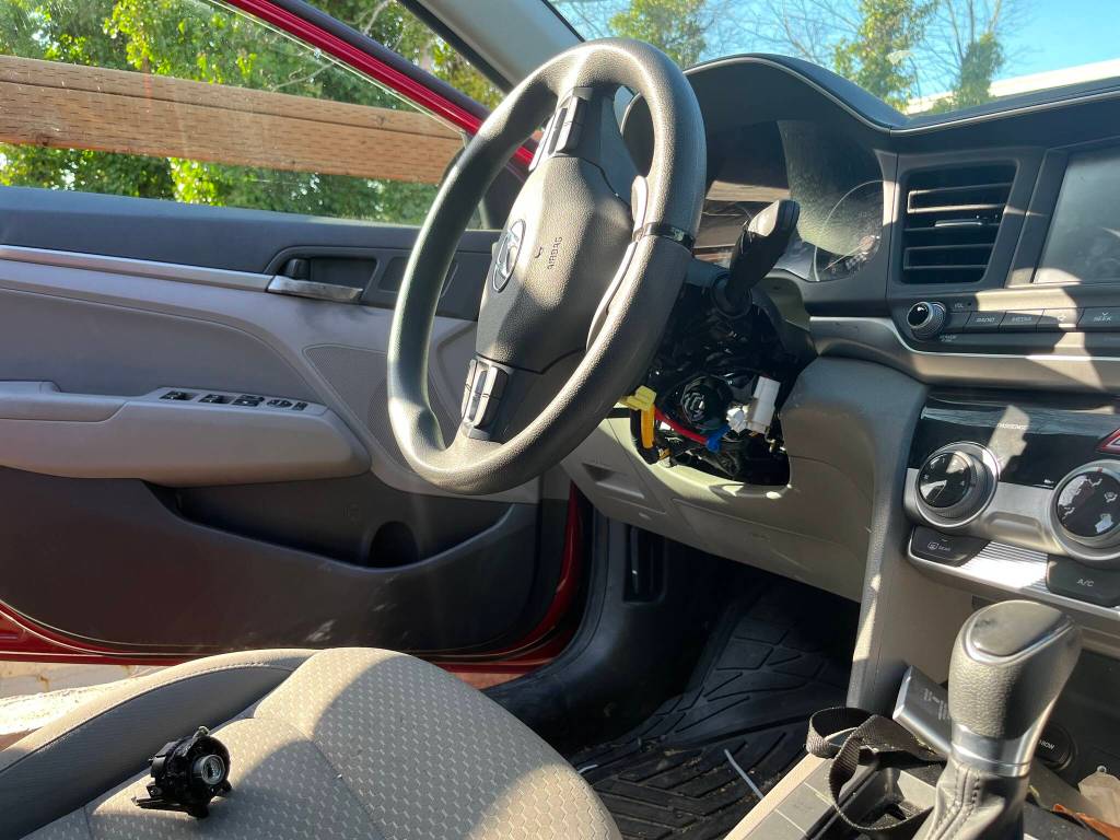 Thieves removed the steering wheel column cover and damaged the ignition lock of Doug Lindquists 2019 Hyundai Elantra. (Photo by Ben Leung/Renton Reporter)