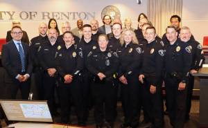 Courtesy of City of Renton
Members of the Renton Police Department who received awards March 20 pose with members of Renton City Council.