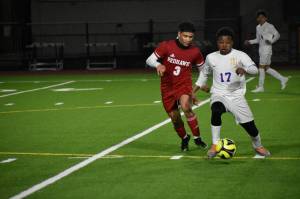 Rentons Joseph Villeda contests a Highline strike for the ball. Ben Ray / The Reporter