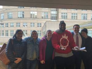 The Glaspy defense team, from left to right: Attorney Anna Samuel, investigator Emily Willard, social worker Alix Willard, DAndre Glaspy, attorney Michael Schueler, and investigator Molly Gilbert. (Courtesy of Michael Schueler)