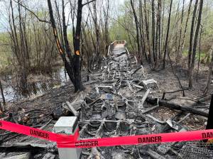 Damage to the Springbrook Trail boardwalk and the surrounding vegetation and environment resulted from a fire on April 15.(Courtesy of Randy Corman)