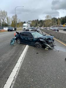 A stolen motor vehicle crashed southbound on Interstate 405 and 44th from Bellevue to Renton on April 18. (Courtesy of the Washington State Patrol)