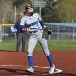 Elyse McMullin toes the slab in the circle for the Patriots in the win over Juanita. Ben Ray / The Reporter