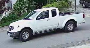 Security footage from the time of the hit-and-run shows that the suspect vehicle was a white Nissan Frontier. Photo courtesy of Ivan Duimovic.