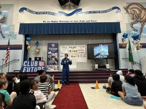 Retired NASA astronaut Captain Wendy Lawrence spoke to students at Bryn Mawr Elementary for Space Day Renton. Photo courtesy of Blue Origin.