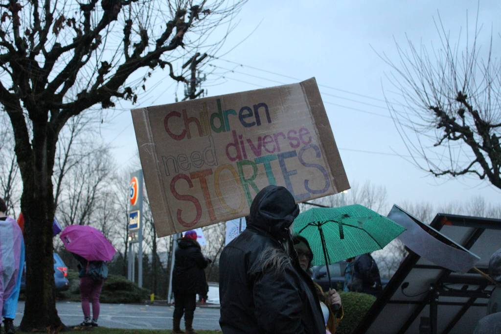 Another sign reads Children deserve diverse stories as Drag Queen Story Time is meant to help kids learn diversity as they learn to love reading. Photo by Bailey Jo Josie/Sound Publishing.