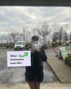 Since the vandalism incident, Brewmaster's has added a sign to the damaged window that reads "What intolerance looks like" Photo courtesy of The Brewmaster's Taproom.