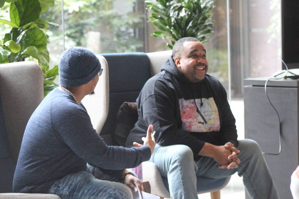 Event emcee Charles Conner asks childrens author Jeffrey L. Cheatham II about self-publishing.