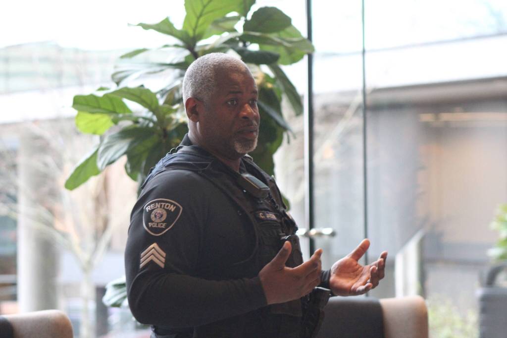 Renton Police Sgt. Corey Jacobs discusses mental health amongst law enforcement. Photo by Bailey Jo Josie/Sound Publishing.