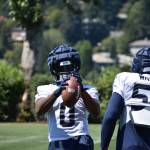 Devin Bush in front, working on his hands with fellow linebacker Bobby Wagner. (Photos by Ben Ray/Sound Publishing)