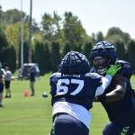 Seahawks LT works in warm-ups. (Photos by Ben Ray/Sound Publishing)