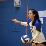 Hazen High School Senior Sasha Marith up to serve. Ben Ray / The Reporter.