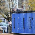 The Blue Thunder bass drum arrives on the bed of a flatbed truck. (Cameron Sheppard/Sound Publishing)