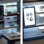 Nordstroms Chanel sunglasses rack prior to theft with 21 sunglasses (left) and after theft with 9 sunglasses (right). (Courtesy of court documents.)