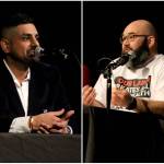 Ramandeep Mann (left) spoke against the Raise the Wage ballot initiative as Michael Westgaard (right) spoke for it during a forum Jan. 31 at Carco Theatre in Renton. (Photo by Bailey Jo Josie/Sound Publishing)
