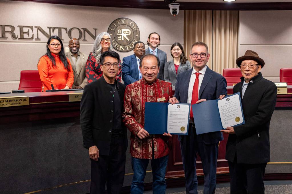 Photos courtesy of the City of Renton.
On Monday, Feb. 12, the City of Renton designated the day as Lunar New Year Day and Mayor Armondo Pavone presented the proclamation to Viet-Wah CEO, Duc Tran (left) and community leader, Michael Chen.