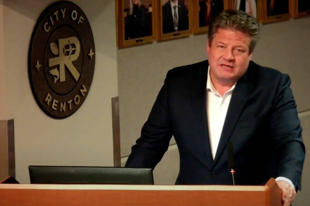 King County Councilmember Reagan Dunn presents to Renton City Council on March 4. (Screenshot from Renton City Council video)