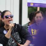Renton City Councilmember Carmen Rivera passionately speaks to crowd, saying that she will fight for hospital workers.