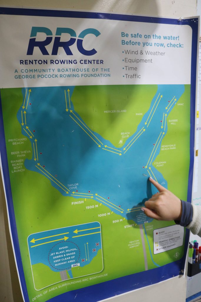 A map shows the rowing centers routes when out on the lake. Photo by Bailey Jo Josie/Sound Publishing.