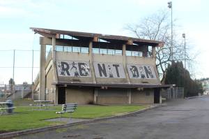 A Renton sign on the baseball bleachers in Liberty Park greets drivers on I-405. Photo by Bailey Jo Josie/Sound Publishing.