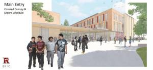 Current Renton High School students acted as models for the designs including this rendering of the main entry of the new building. Courtesy image