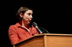 Julianna Dauble of the Renton Education Association addresses the crowd at the School Funding Crisis Eastside Town Hall on Jan. 8 at Sammamish High School in Bellevue. File photo