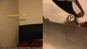 Pictured left to right: a photo of where the bullet entered the victims wall, and a photo of the bullet entry to the victims vehicle. Courtesy photos