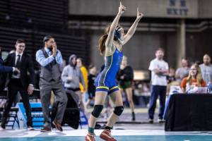 Vina Nguyen of Hazen celebrates her win as a state champion. Photo provided by Maria Dorsten