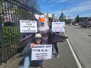 A person dressed as a bald eagle with the words #NoKings written on the costume joined the protest. Photo courtesy of Alice Lockridge.