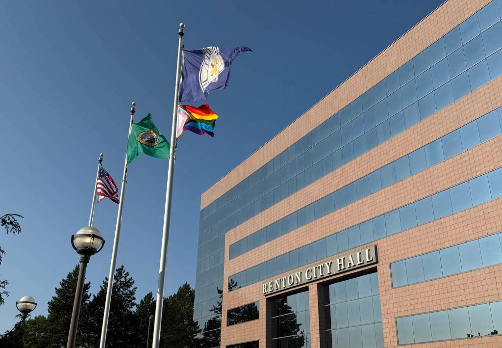 The Pride flag will fly in front of Renton City Hall until June 6. Photo by Drew Dotson/The Reporter