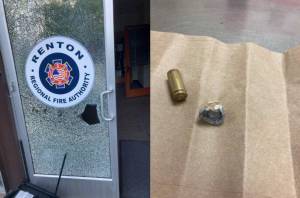 A photo of the front doors bullet hole, and a photo of a shell casing and bullet recovered from another door inside the station. Courtesy photos