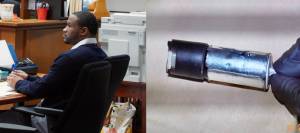 Vaughn Weems and a photo displayed in the courtroom of the pepper spray canister Montisha Offord produced. Photo by Joshua Solorzano/The Reporter