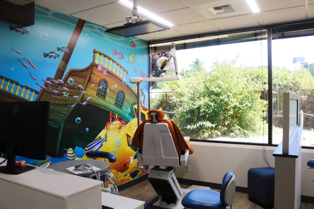 Small TVs and a nice, sunny view help patients feel comfortable during their dental visit. Photo by Bailey Jo Josie/Sound Publishing.