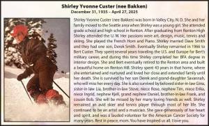 Shirley Yvonne Custer (nee Bakken) | Obituary