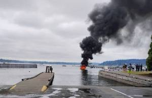 A boat caught on fire at the Gene Coulon Boat Launch on Sunday morning, Aug. 3. Photo courtesy of Renton Police Department.