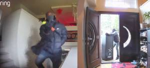 Left to right: Alleged photos of Maisonet flipping off the camera and then dragging out a safe from the Jan. 6 robbery in Renton. Courtesy photos