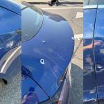 Photos of the alleged victims Tesla Model 3 damaged by bullet holes. Courtesy of the Renton Police Department.