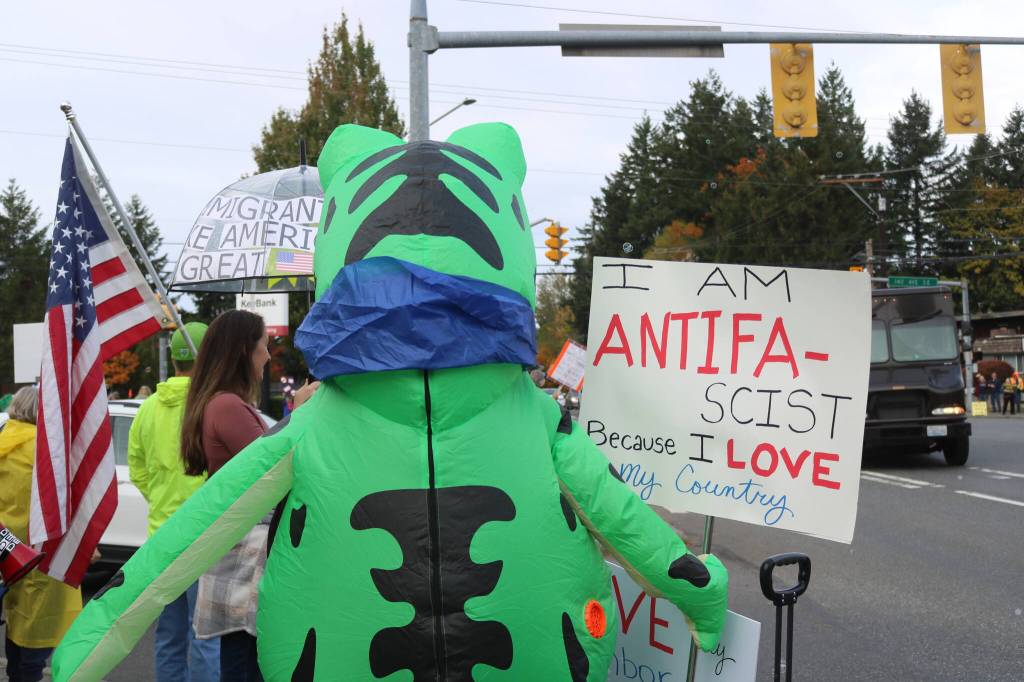 Inspired by one now-famous protester in Portland, an inflatable frog made it to the Fairwood protest. Photo by Bailey Jo Josie/Sound Publishing.