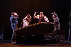 Jonathan Harker (Michael Yichao), Dr. Abraham Van Helsing (Phillip Keiman), Arthur Holmwood (Cameron Widmark) and Dr. Seward (David Breyman) are set to stake the Count. Photo courtesy of Renton Civic Theatre.