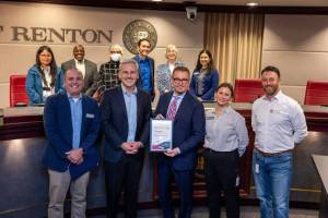 Renton Mayor Armondo Pavone received the VISION 2050 Award on behalf of the city for its work on the Rainier/Grady Junction Transit-Oriented Development Subarea. Photo provided by the city of Renton