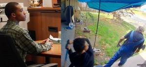 Left to right: KShawn Jimerson at trial and a photo of him hitting the alleged victim with a stick. Photo by Joshua Solorzano/Sound Publishing/Charging documents