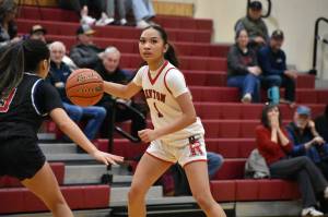 Khloe Mallary dribbles the basketball for Renton against Eisenhower. Ben Ray / The Reporter