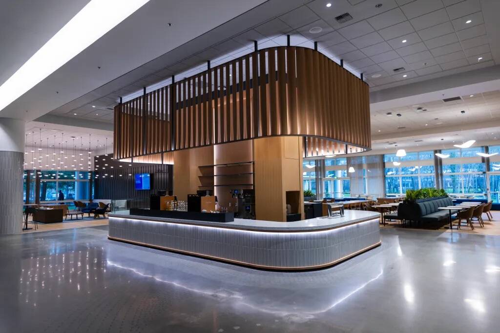 Employee amenities at the center include a café and bar, a fitness center and bike storage. Photo provided by Alaska Airlines