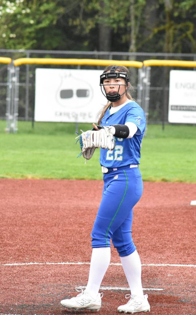 Avery Huh points to the catcher following a pitch against Interlake. Ben Ray / The Reporter